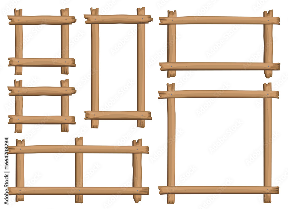 Poster a collection of handcrafted, primitive-style wooden frames, each with a unique shape and orientation