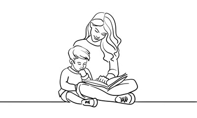 Mother and son reading book, continious line drawing. Son doing homework outline. Vector illustration