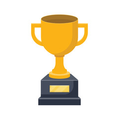 A gleaming gold cup trophy sits against a plain white backdrop. The trophy represents achievement and victory. Its simple design conveys universal success.  
