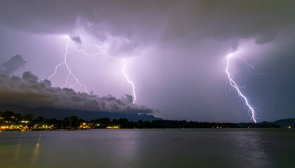 Night Lightning Storm Scenic Water View with Forest and City Glow