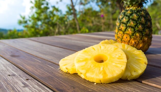 Realistic photo of a whole pineapple and sliced rings on a summer picnic table