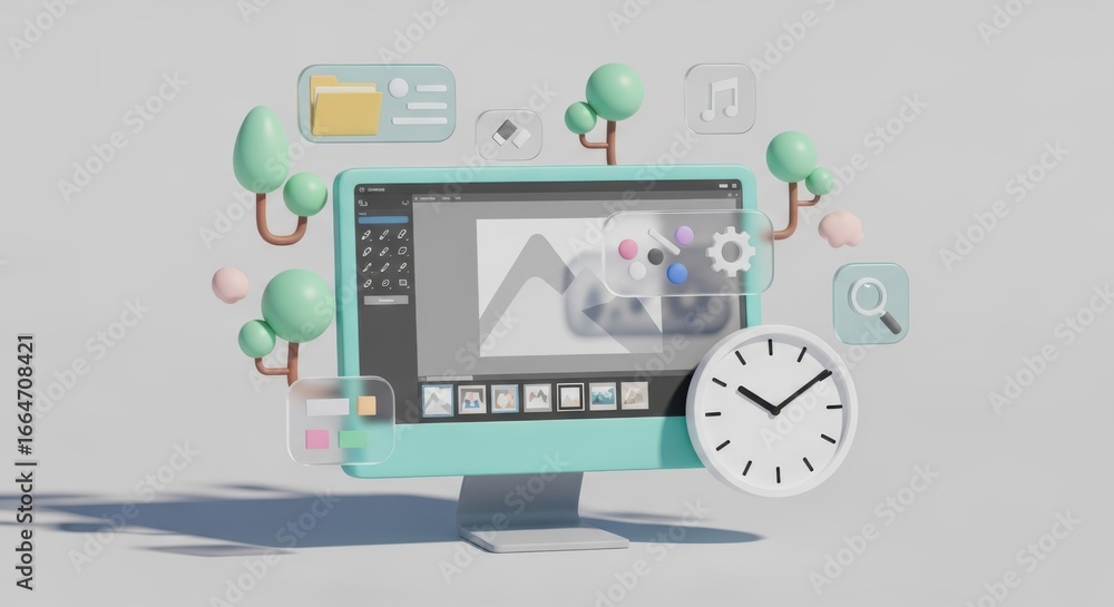 Poster creative workspace with computer and clock symbolizing productivity and design