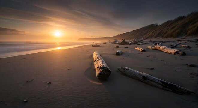 Golden sunset bathes a serene beach landscape with driftwood and dunes