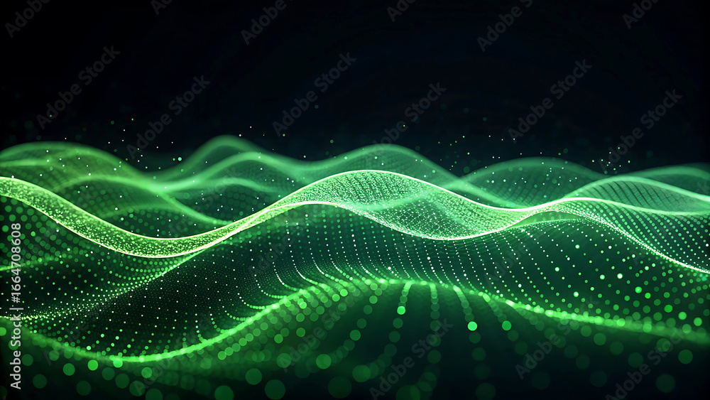 Aufkleber abstract green wavy dotted lines flowing across a dark background with subtle particle effects creat