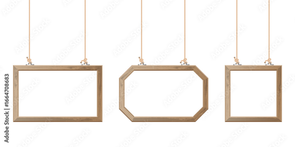 Poster three different shaped wooden frames are suspended by tan ropes. a rectangular, octagonal and square