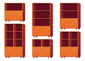 A group of different sized shelving units. The cartoon shelves are orange with maroon interiors and varying amounts of compartments on a white background.