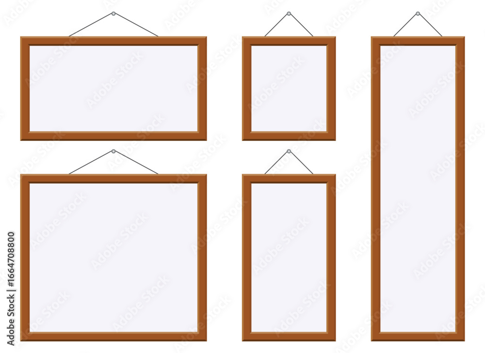 Poster this image shows five empty picture frames of varying shapes and sizes hanging on a white background