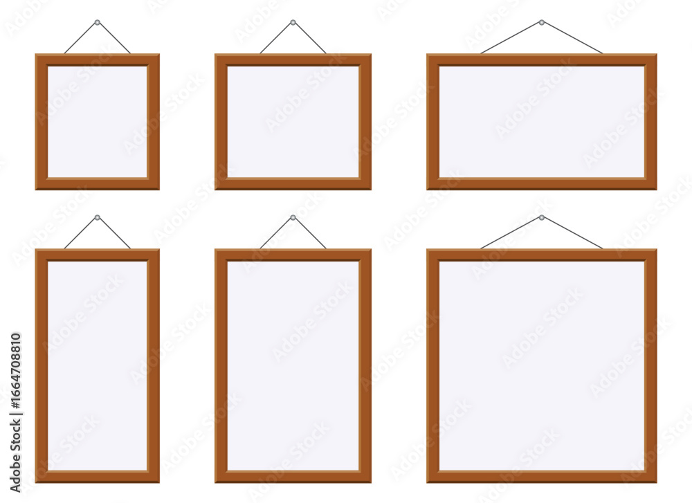 Poster a collection of six empty frames is displayed, each with a light brown border. they hang suspended b