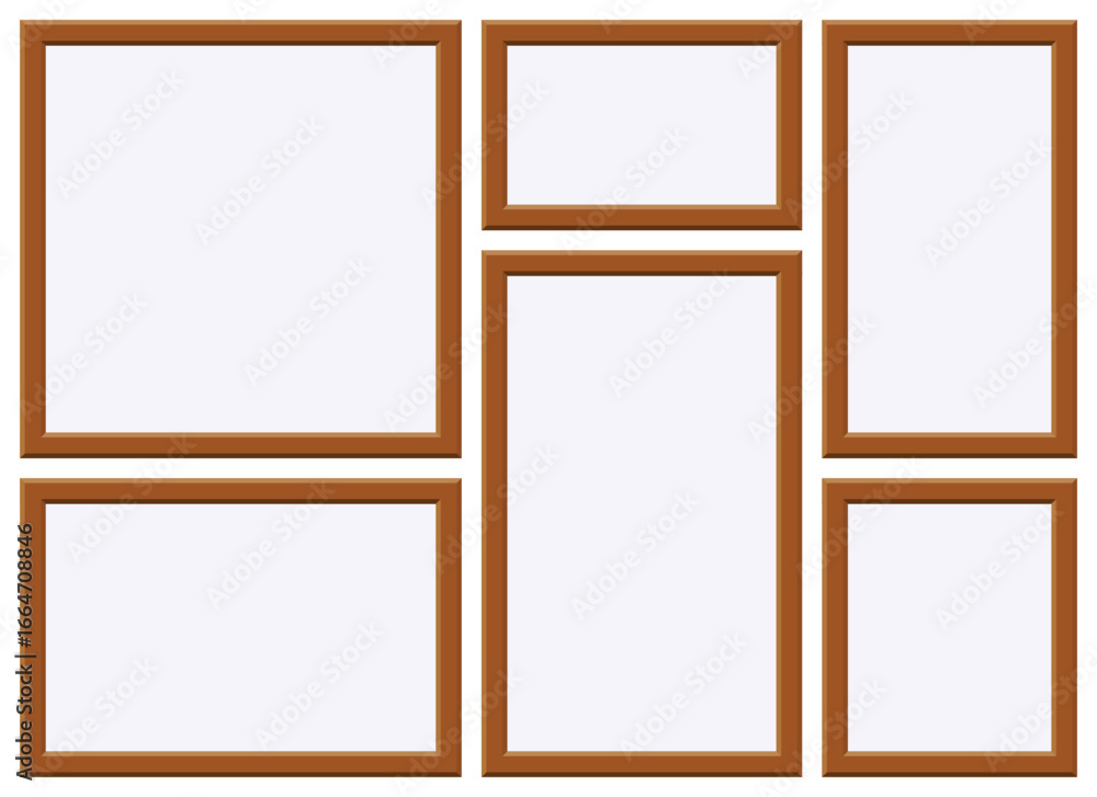 Poster a collage of six empty picture frames of different sizes arranged in an aesthetically pleasing manne