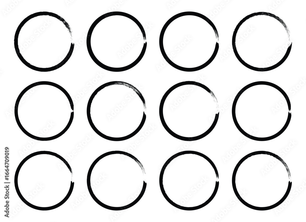 Poster a grid of twelve circles, each rendered with a brushstroke effect. a minimalist design suitable for 