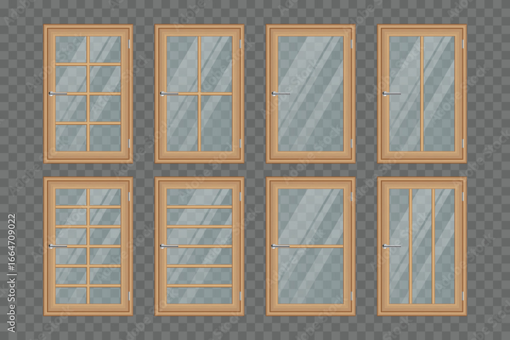 Poster an array of eight wooden window frames, each fitted with clear glass panels and silver handles, disp