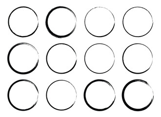 The image showcases twelve circular frames on a white background. The frames vary in thickness, creating an organic and hand-drawn appearance. Some have smooth while others show rough edges.