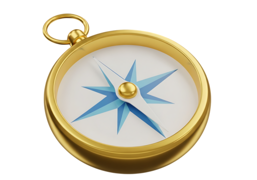 Golden Compass with Blue Star on White Background Navigation Tool for Exploration and Adventure Conceptual Imagery Detailed Rendering Isolated on Black