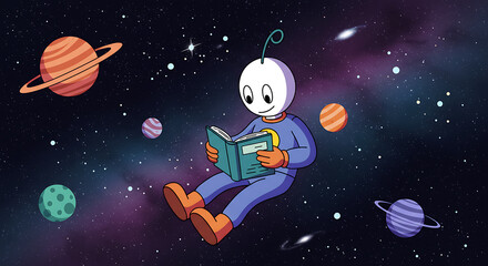 Naklejka premium Cute Cartoon Astronaut Reading Book in Outer Space with Colorful Planets and Stars