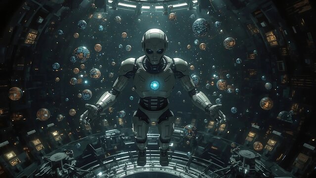 A humanoid robot floats silently inside a futuristic space station, surrounded by glowing data spheres in deep space