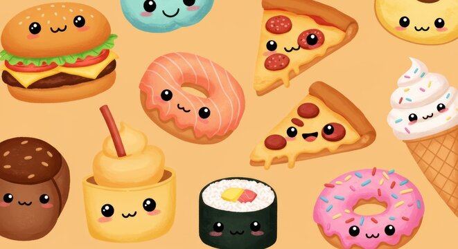 Various cute cartoon food icons on a seamless beige background