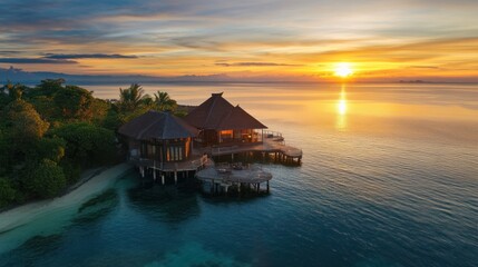 Fototapeta premium Luxurious overwater bungalows at sunset, reflecting in the calm, turquoise ocean.