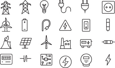 Electricity Line Icons Set Power, Energy, Light Bulb, Cable, Wire, Voltage, Electrical Equipment Outline Vector Pack