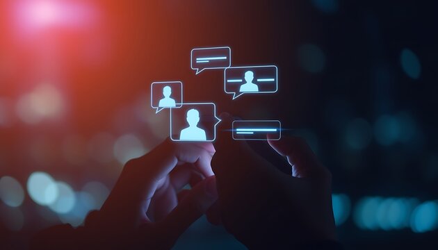 Person using smartphone with glowing chat bubbles and user icons at night mobile phone