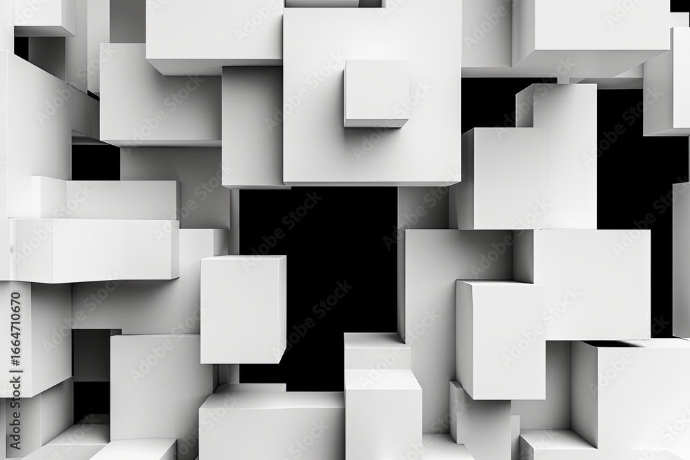 Poster many white cubes create an abstract structure in a digital environment. geometric and minimalist des