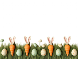 Cute easter bunny carrots and painted eggs on green grass isolated on transparent background