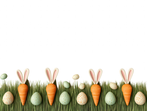 Cute easter bunny carrots and painted eggs on green grass isolated on transparent background