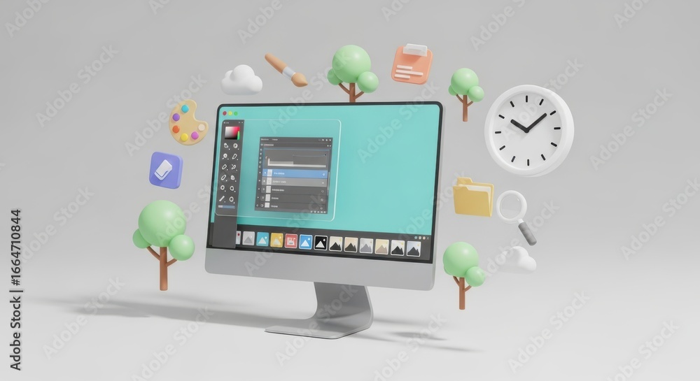 Poster creative computer setup with digital elements and nature icons