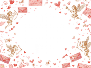 Vintage cupid and love letters border with hearts and ribbons isolated on transparent background