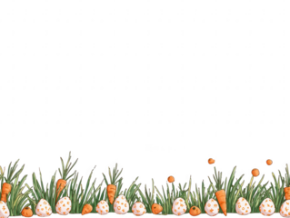 Whimsical easter eggs and carrots amongst green grass isolated on transparent background