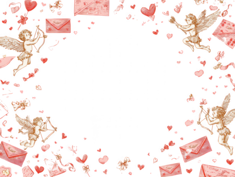 Vintage cupid and love letters border with hearts and ribbons isolated on transparent background