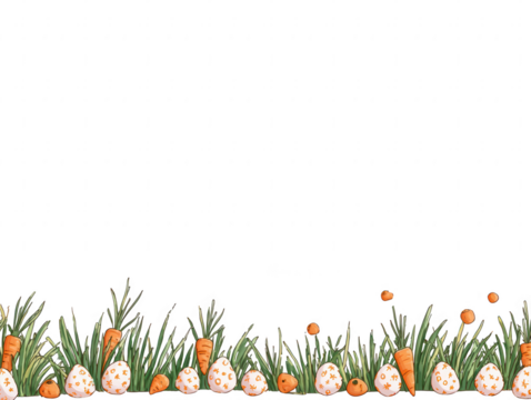 Whimsical easter eggs and carrots amongst green grass isolated on transparent background - Powered by Adobe