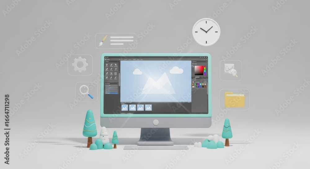 Poster modern computer setup with digital design software and icons