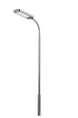 Modern street lamp with sleek curved metallic pole and rectangular light fixture, minimalist design, isolated on transparent background.
