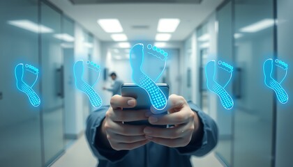 Hands Holding Smartphone with Digital Footprints in a Modern Office Corridor mobile phone technology