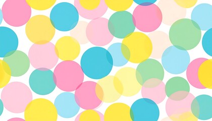 A cheerful, playful pattern features overlapping circles in pastel shades of yellow, pink, teal, and light green, creating a vibrant and whimsical design.