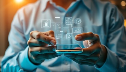 Person using a smartphone with a holographic interface featuring business analytics and global connection icons