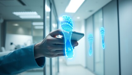 Person holding smartphone displaying glowing blue footprint data in a bright corridor mobile phone technology