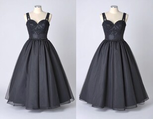 A black ball gown with a beaded lace bodice, thick straps, and a voluminous satin skirt