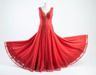 A striking red gown with lace embroidery, crystal embellishments, and a wide flowing skirt