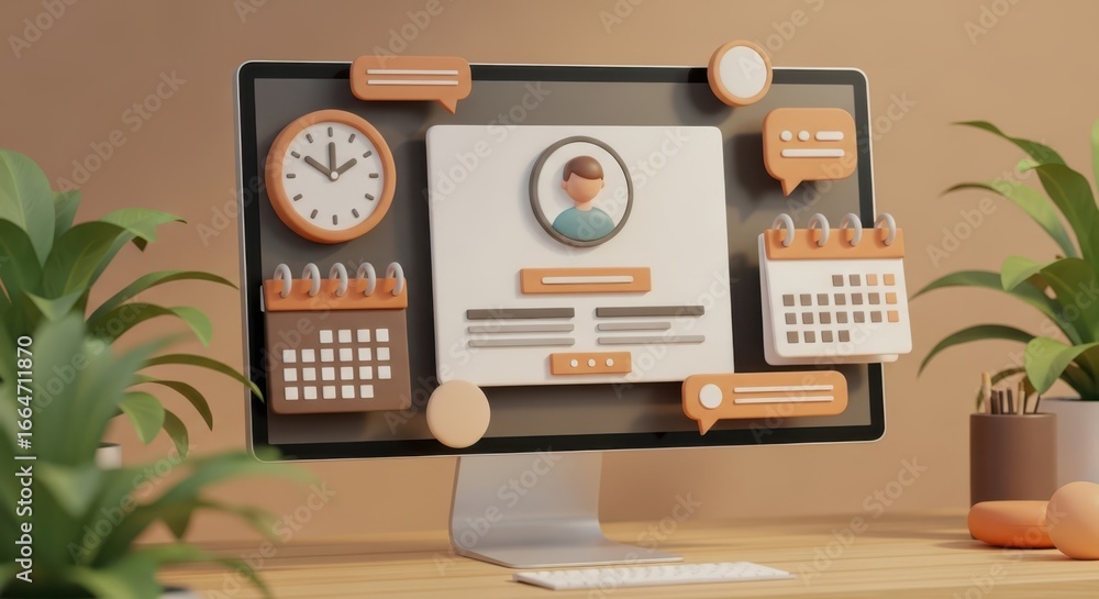Poster digital profile on computer screen with calendar and clock icons