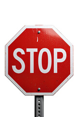 Red octagonal stop sign with bold white “STOP” text, mounted on a metal pole, isolated on transparent background.