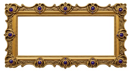 Elegant antique baroque style gilded picture frame featuring elaborate scrollwork and sapphire blue cabochons, isolated on a white background for easy use in design projects