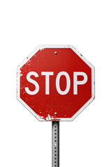 Red octagonal stop sign with bold white “STOP” text, mounted on a metal pole, isolated on transparent background.