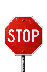 Red octagonal stop sign with bold white “STOP” text, mounted on a metal pole, isolated on transparent background.