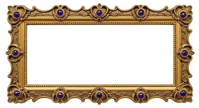 Elegant antique baroque style gilded picture frame featuring elaborate scrollwork and sapphire blue cabochons, isolated on a white background for easy use in design projects