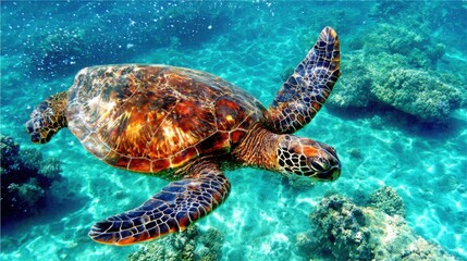 Fototapeta premium Green sea turtle gliding through clear ocean waters, surrounded by dappled sunlight and coral.