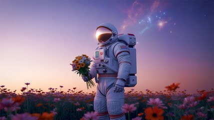 An astronaut holding a flower on a distant star
