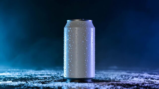 Cold white soda can mockup with water droplets and blue smoke against a dark background, refreshing drink concept