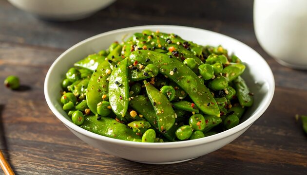 Bowl of vibrant green snap peas with seasonings