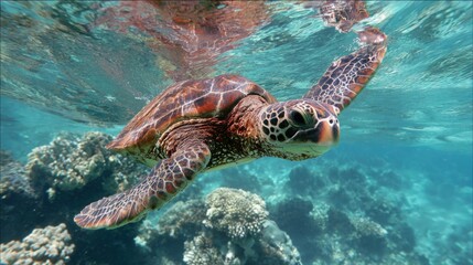 Obraz premium Green sea turtle gliding through clear ocean waters, surrounded by dappled sunlight and coral.